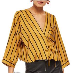 Topshop Wrap Kimono Satin Mustard Black Stripe Sexy Party Chic Baddie Top-12